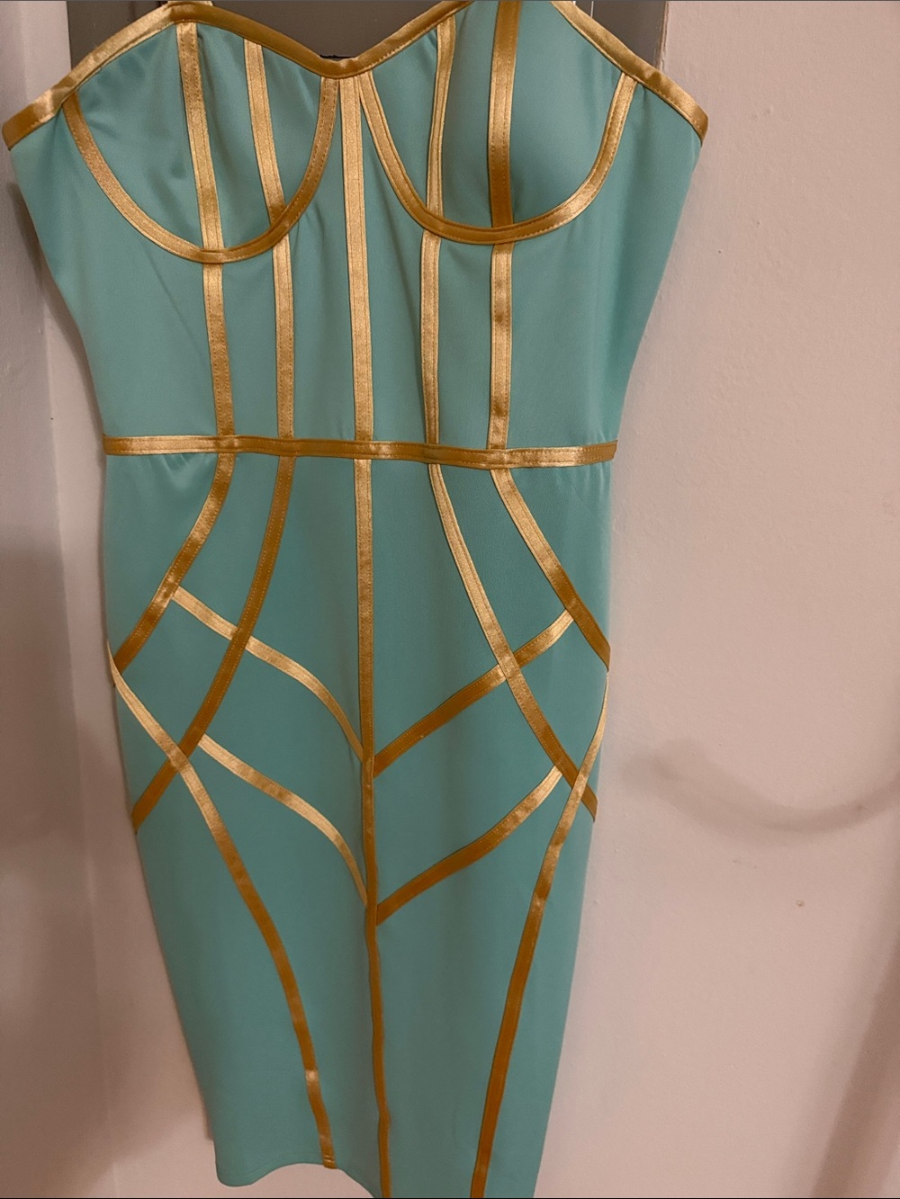 Strapless Aqua Dress with Gold Trim